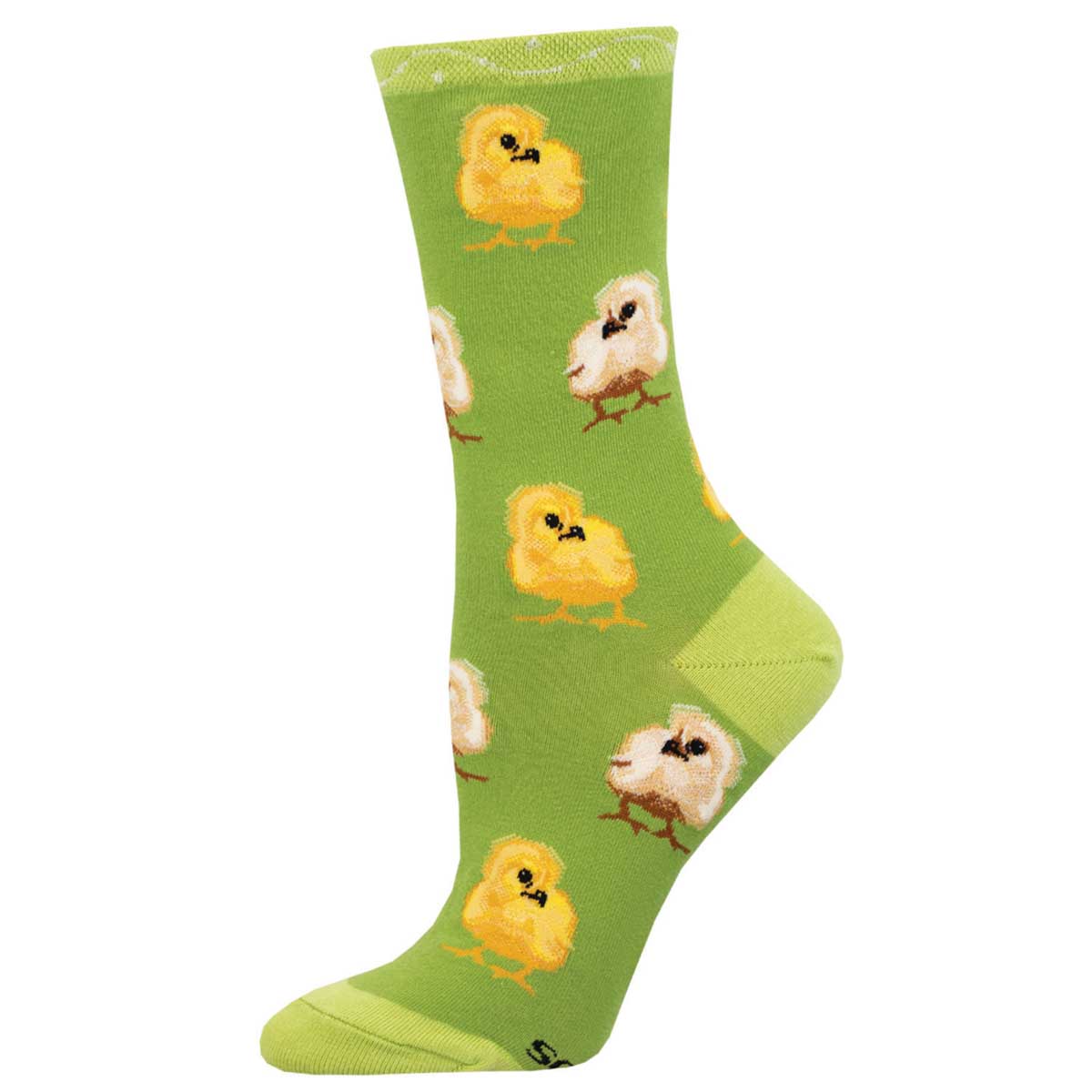 A pair of colorful women's socks with a pattern of cute chicks on a green background.