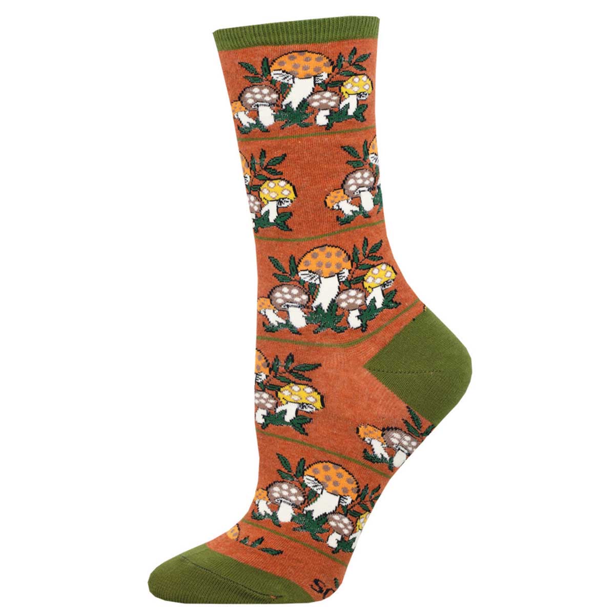 A pair of socks with a pattern of mushrooms in a forest setting, predominantly brown and green in color.