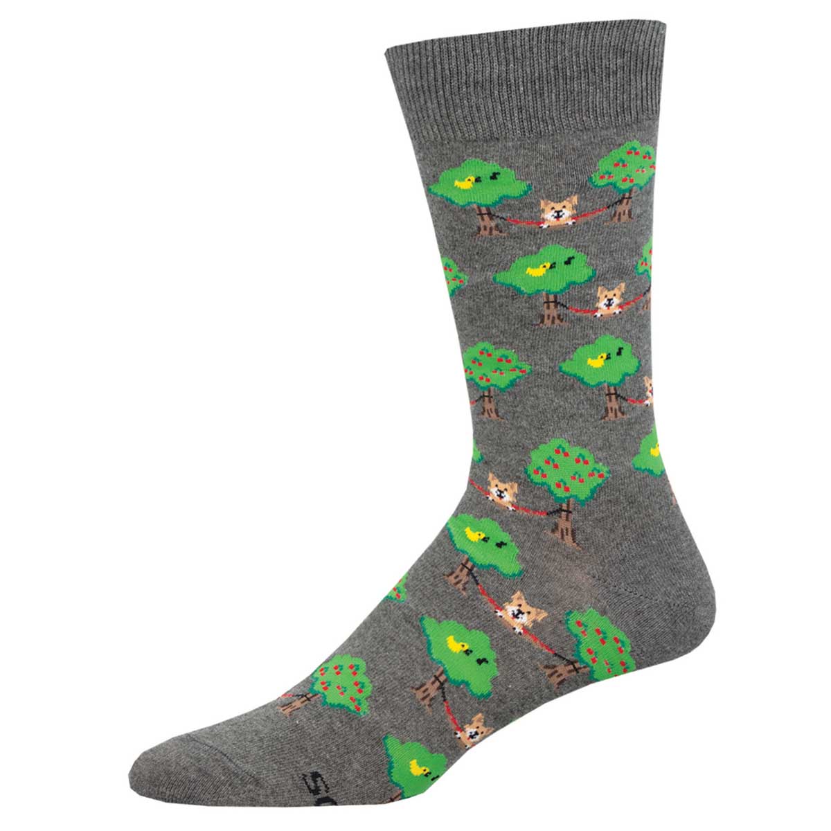 A pair of gray crew socks with a pattern of dogs in various poses and trees