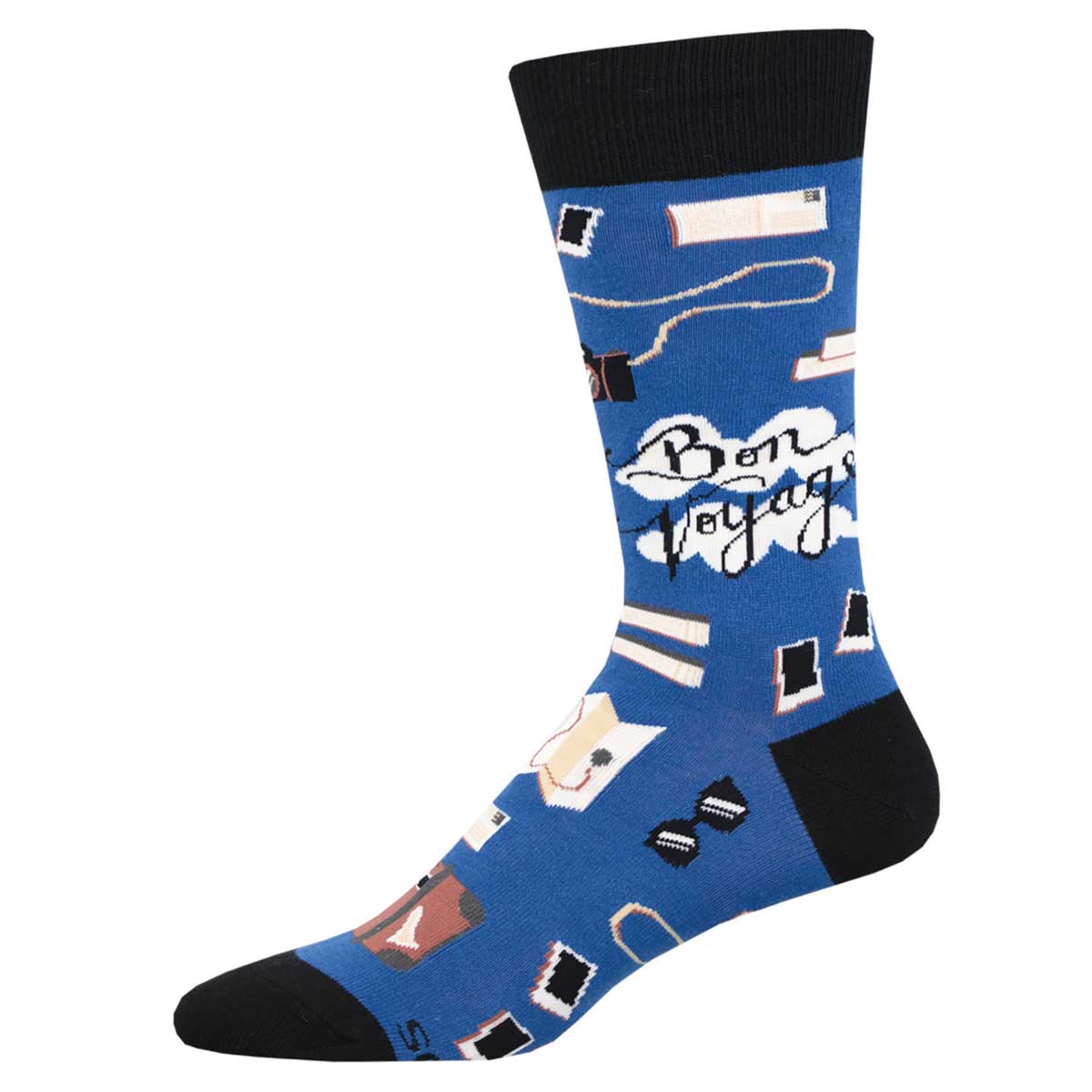 A pair of blue crew socks with a pattern that includes various travel-related imagery such as airplanes, suitcases, and the text 'Bon Voyage'.