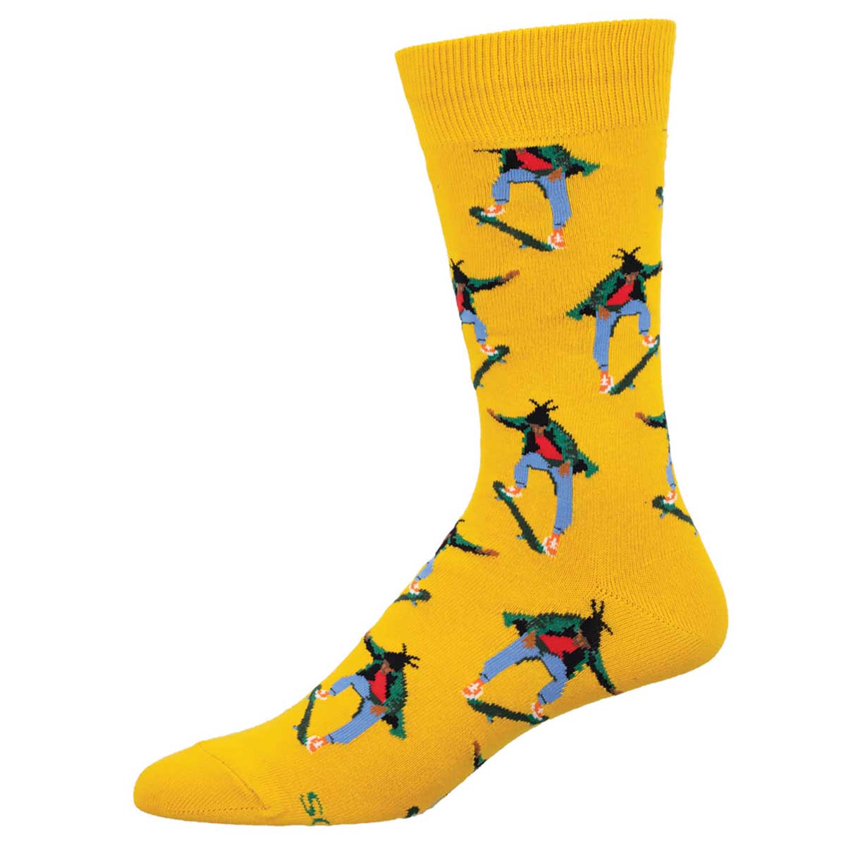 A pair of yellow crew socks with a pattern of cartoonish skateboarding figures in red and green.