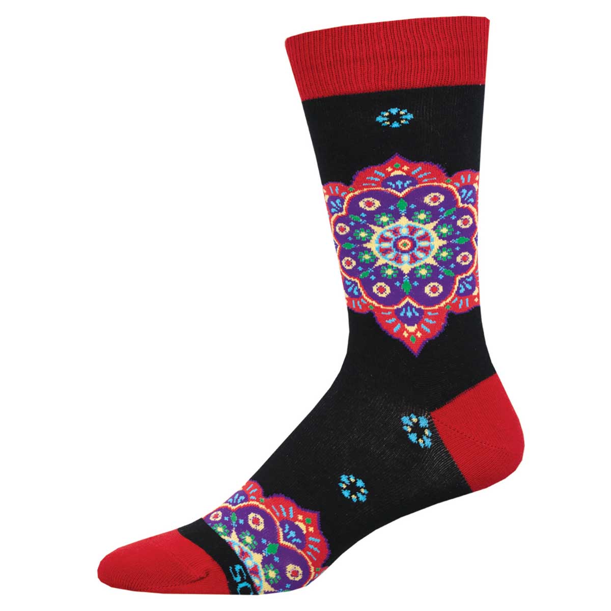 A pair of crew socks with a geometric mandala design in black, red, and vibrant colors.