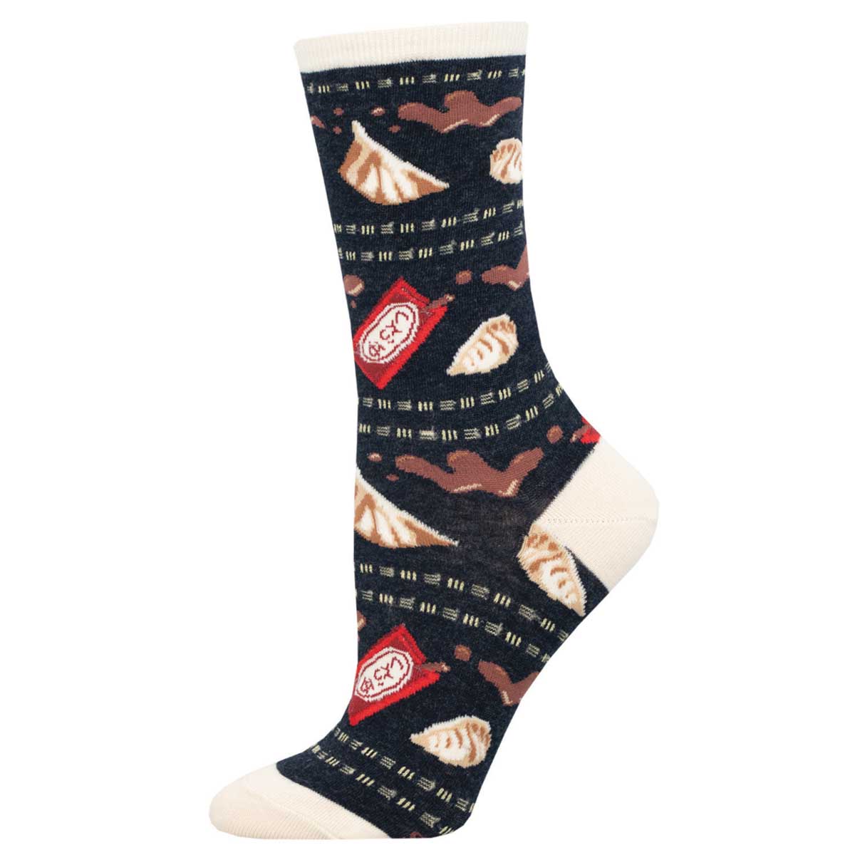 A pair of black cotton crew socks with a pattern of dumplings and soy sauce, designed for women.