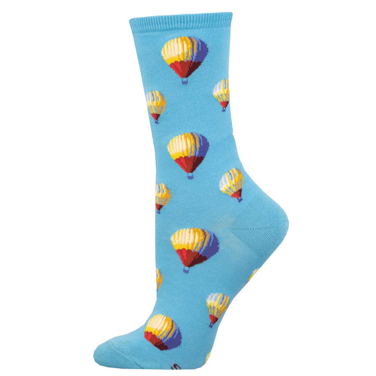 A pair of blue cotton crew socks with a pattern of colorful hot air balloons.