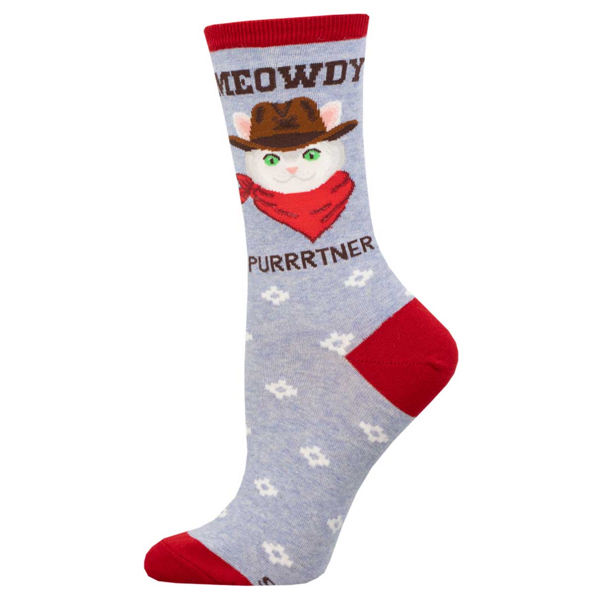 A pair of women's socks with a cat design, wearing a cowboy hat and a red bandana, with the text 'MEOWDY PURRTNER' on the ankle area. The socks have a lavender background with red toe and heel caps, and white paw print patterns.