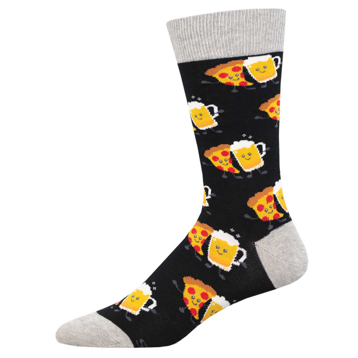A pair of black crew socks with a pattern of pizza slices and beer glasses dancing/hugging on them.