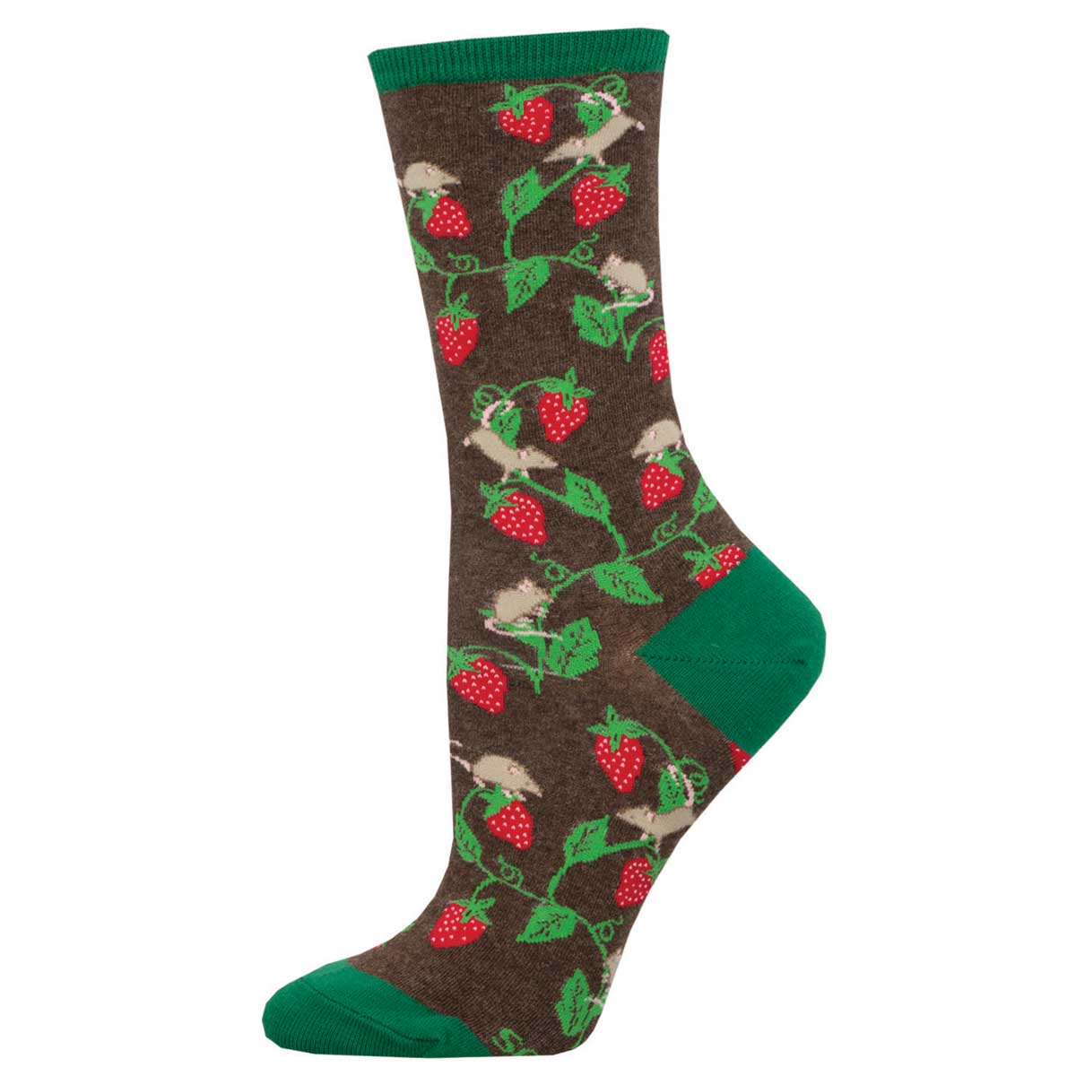 A pair of women's socks with a pattern of strawberries and mice on a brown background with green trim.