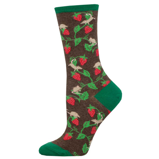 A pair of women's socks with a pattern of strawberries and mice on a brown background with green trim.
