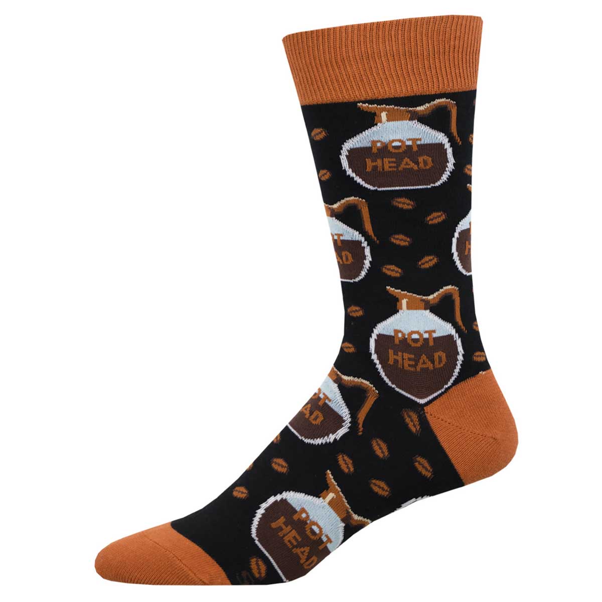 A pair of black crew socks with the text 'POT HEAD' printed on them, along with coffee beans and other related designs.