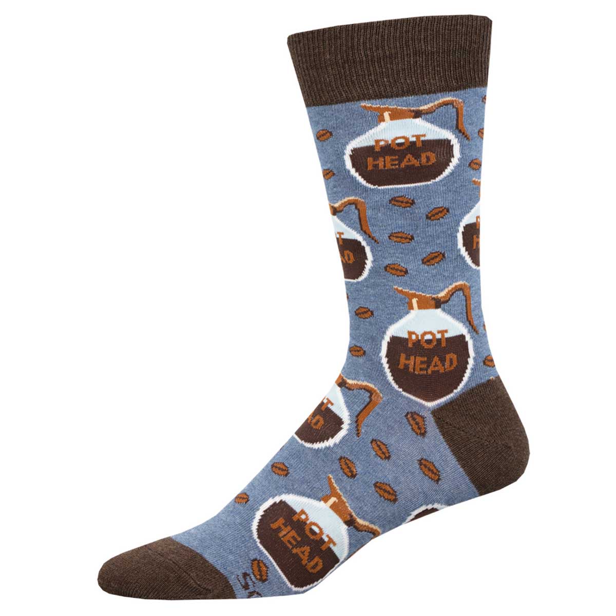 A pair of blue crew socks with the text 'POT HEAD' printed on them, along with coffee beans and other coffee related designs.