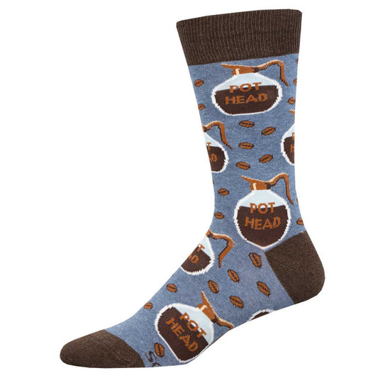A pair of blue crew socks with the text 'POT HEAD' printed on them, along with coffee beans and other coffee related designs.