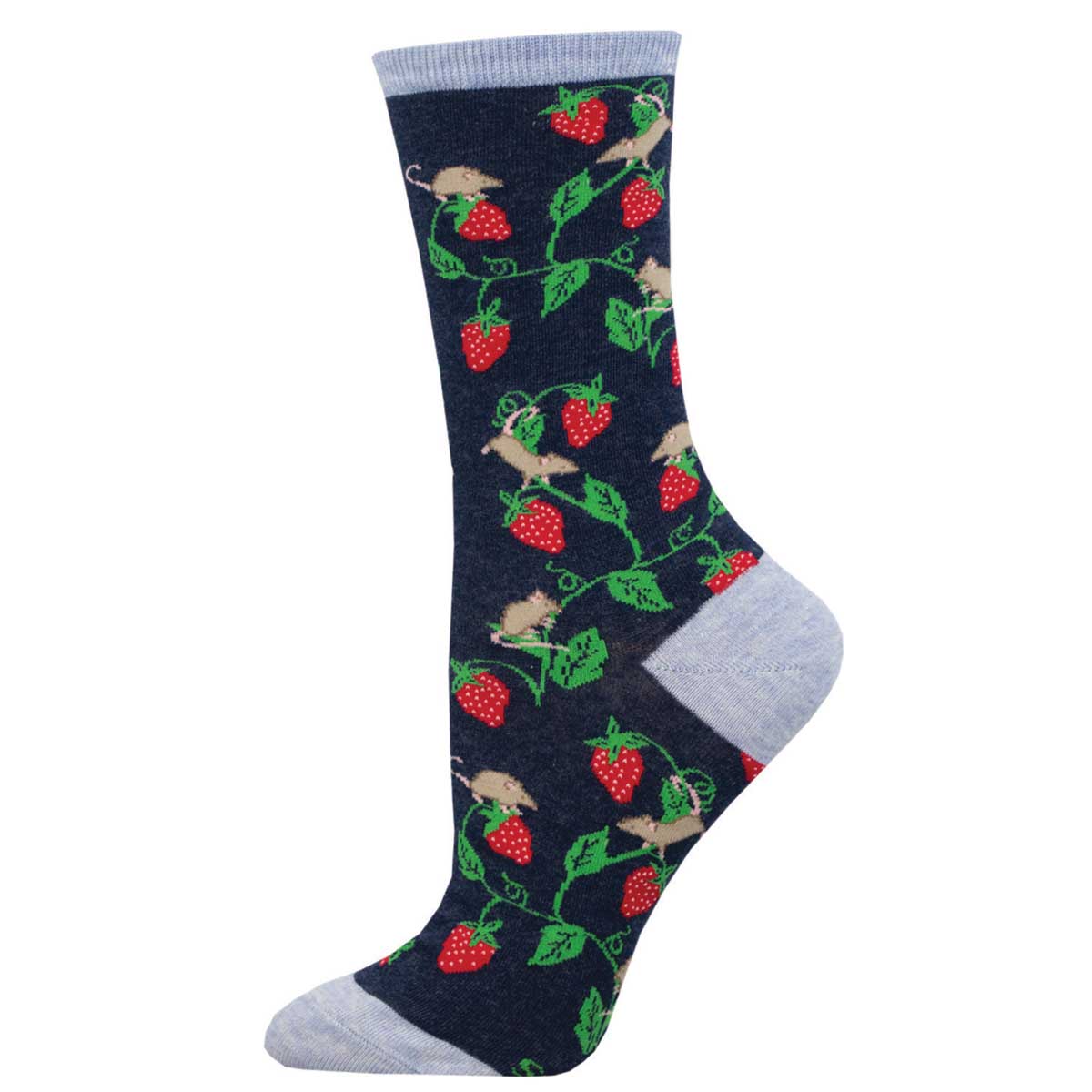 A pair of women's socks with a pattern of strawberries and mice on a navy blue background with light blue heel, toe, and cuff. 