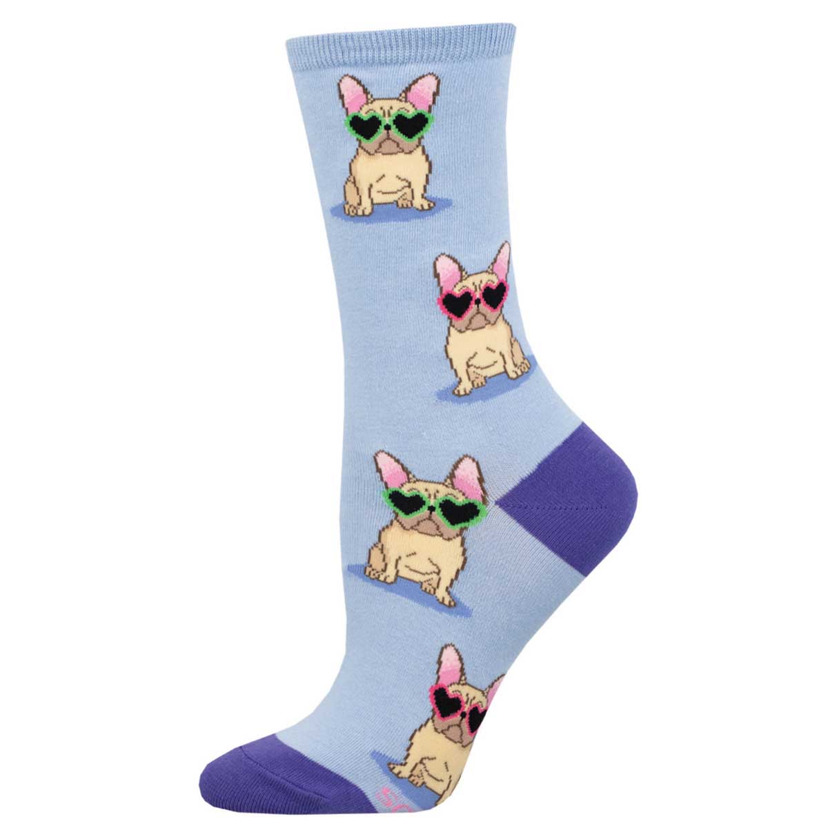 A pair of women's socks with a pattern of French Bulldog faces wearing sunglasses on a light blue background with purple trim.