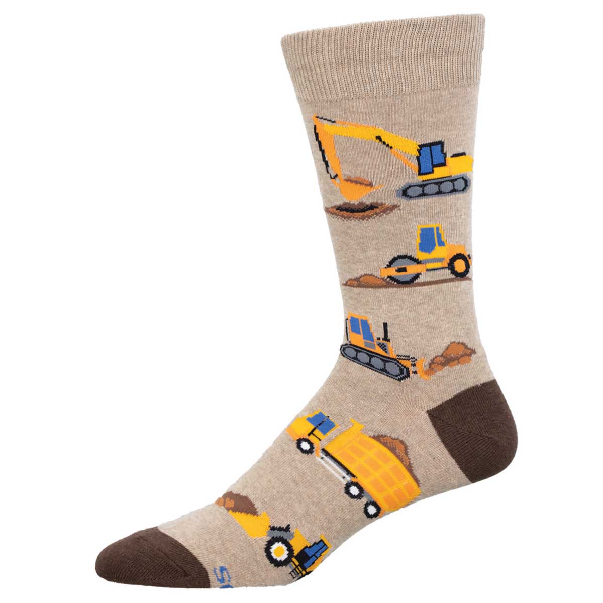 A pair of beige cotton crew socks with construction vehicle patterns in brown and yellow.
