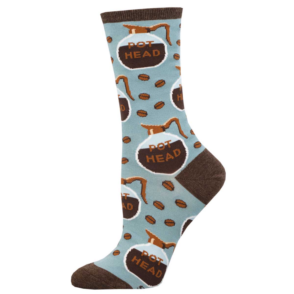 A pair of women's crew socks with a coffee pot design and the text 'POT HEAD' on them, primarily in a steel blue color with brown accents.