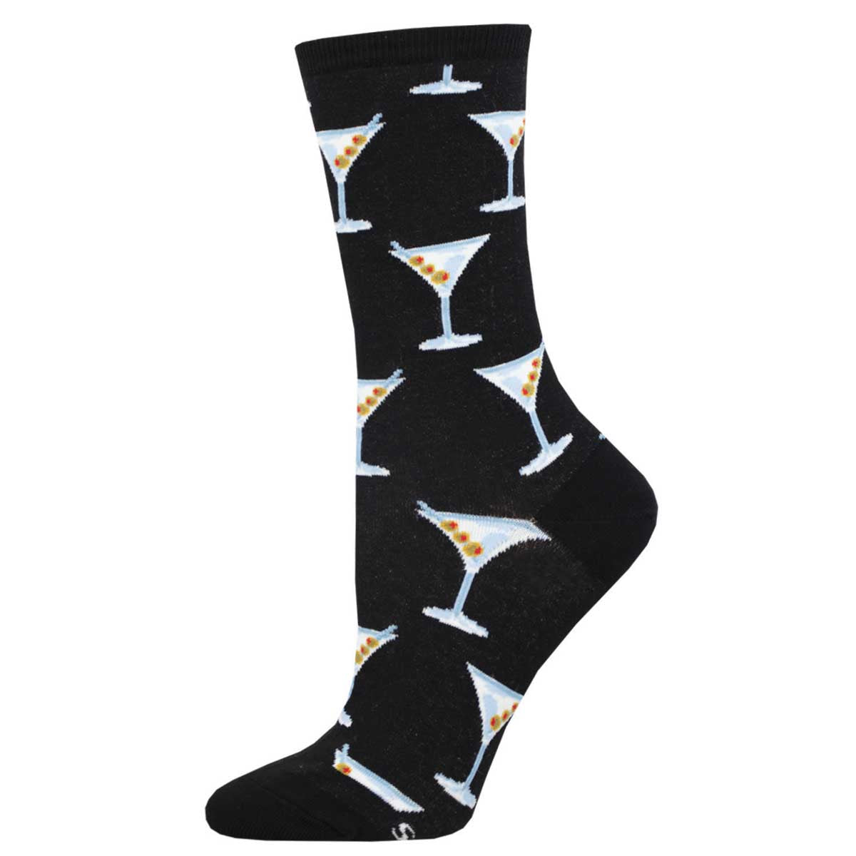 A black crew sock with a pattern of martini glasses, each containing an olive and a cherry.