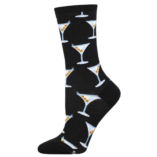A black crew sock with a pattern of martini glasses, each containing an olive and a cherry.
