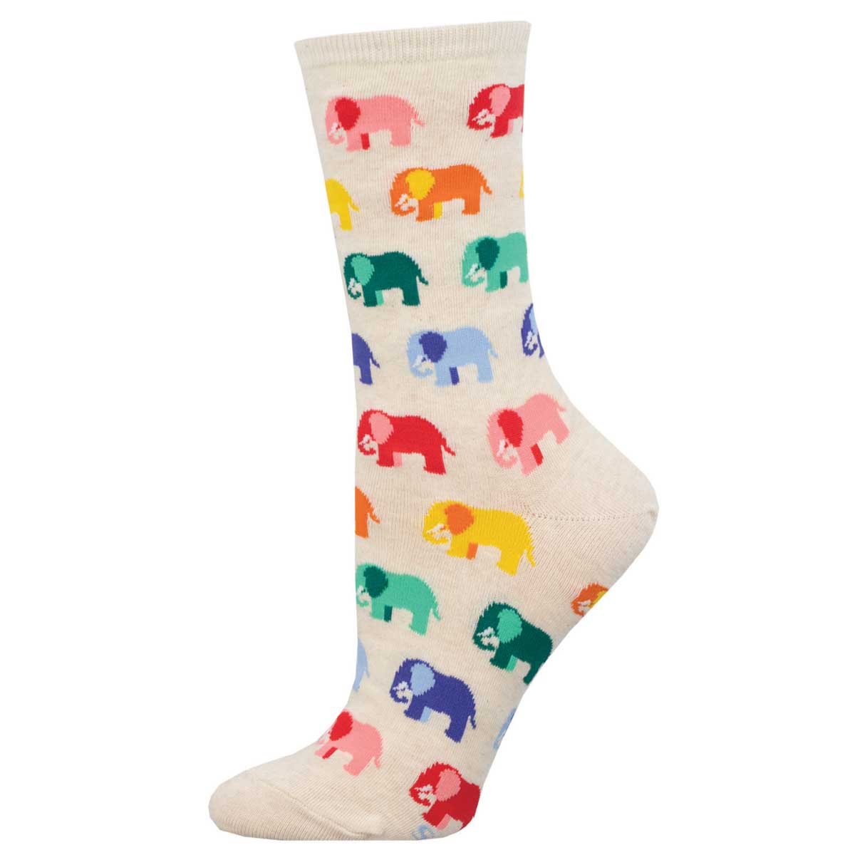 A pair of cotton crew socks with a pattern of colorful elephants on an ivory heather background.
