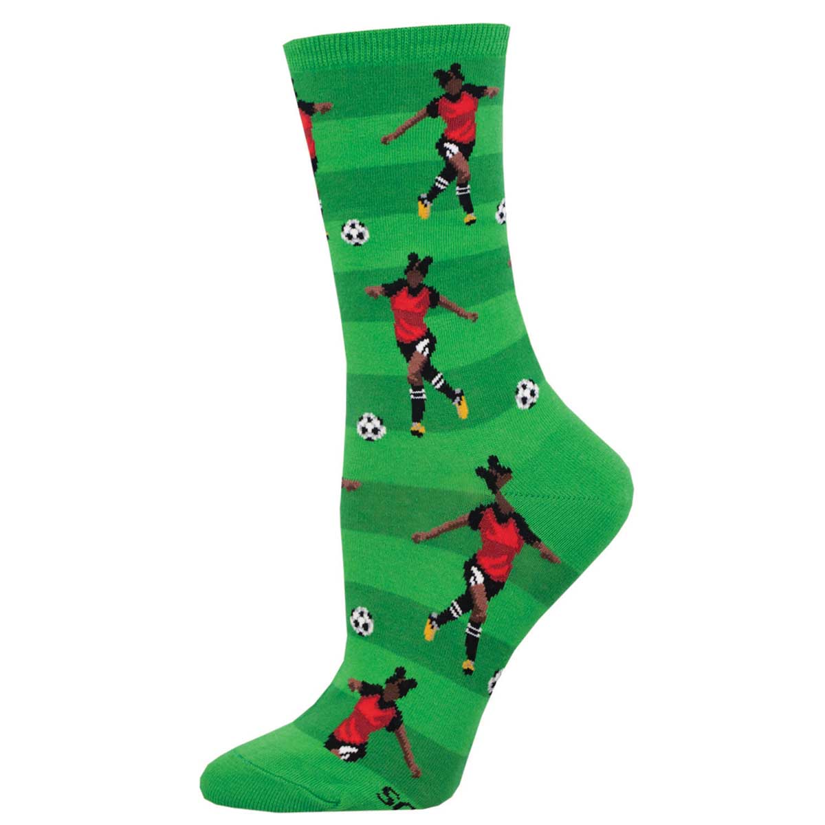 A pair of green crew socks with a pattern of soccer players in red jersey's and balls.
