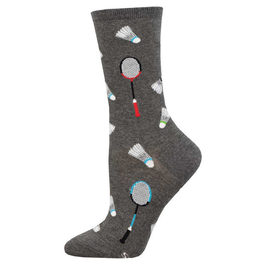 A gray sock with a pattern of badminton rackets and shuttlecocks.