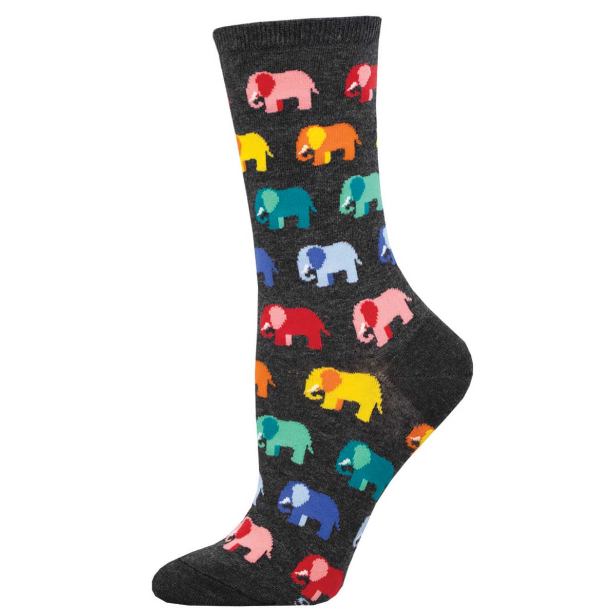A pair of cotton crew socks with a pattern of colorful elephants on a charcoal gray background.