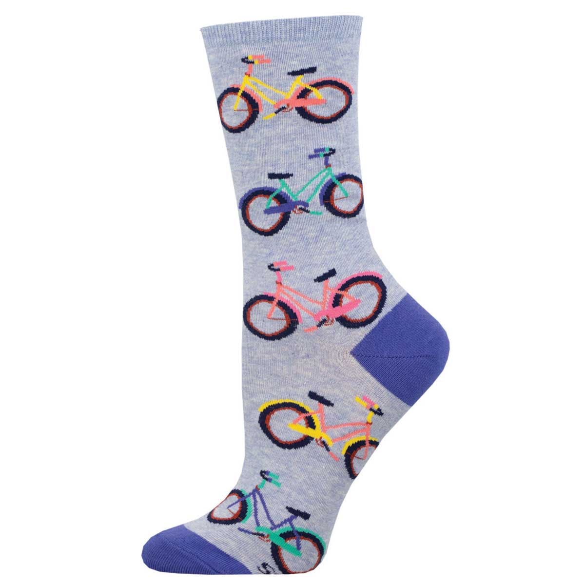 A pair of women's crew socks with a pattern of colorful bicycles on a blue heather background.