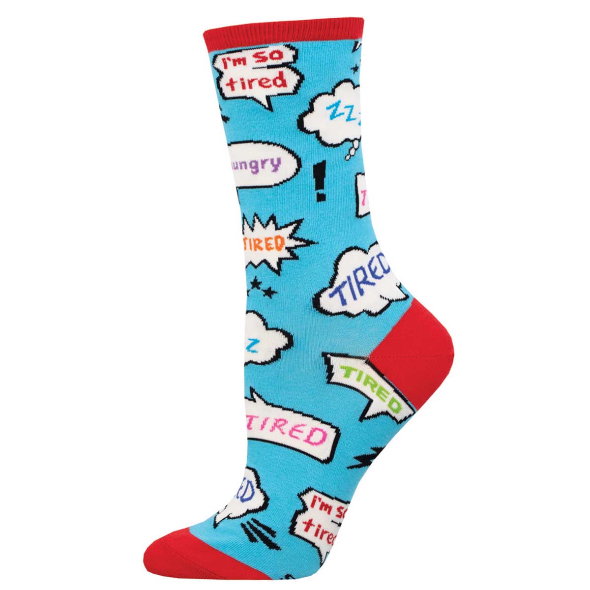 A pair of colorful crew socks with cartoon images and text bubbles depicting tiredness, designed for women.