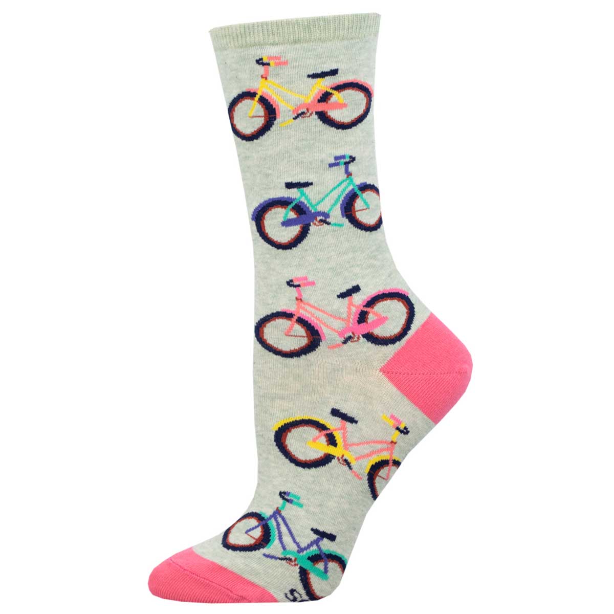 A pair of women's crew socks with a pattern of colorful bicycles on a heathered mint background.