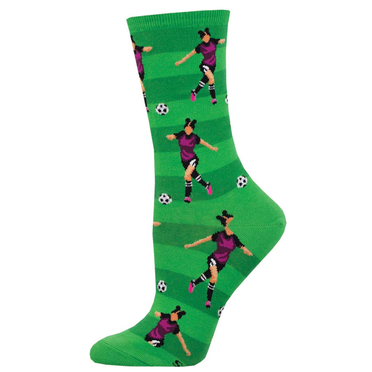 A pair of green crew socks with a pattern of soccer players in purple jersey's and balls.