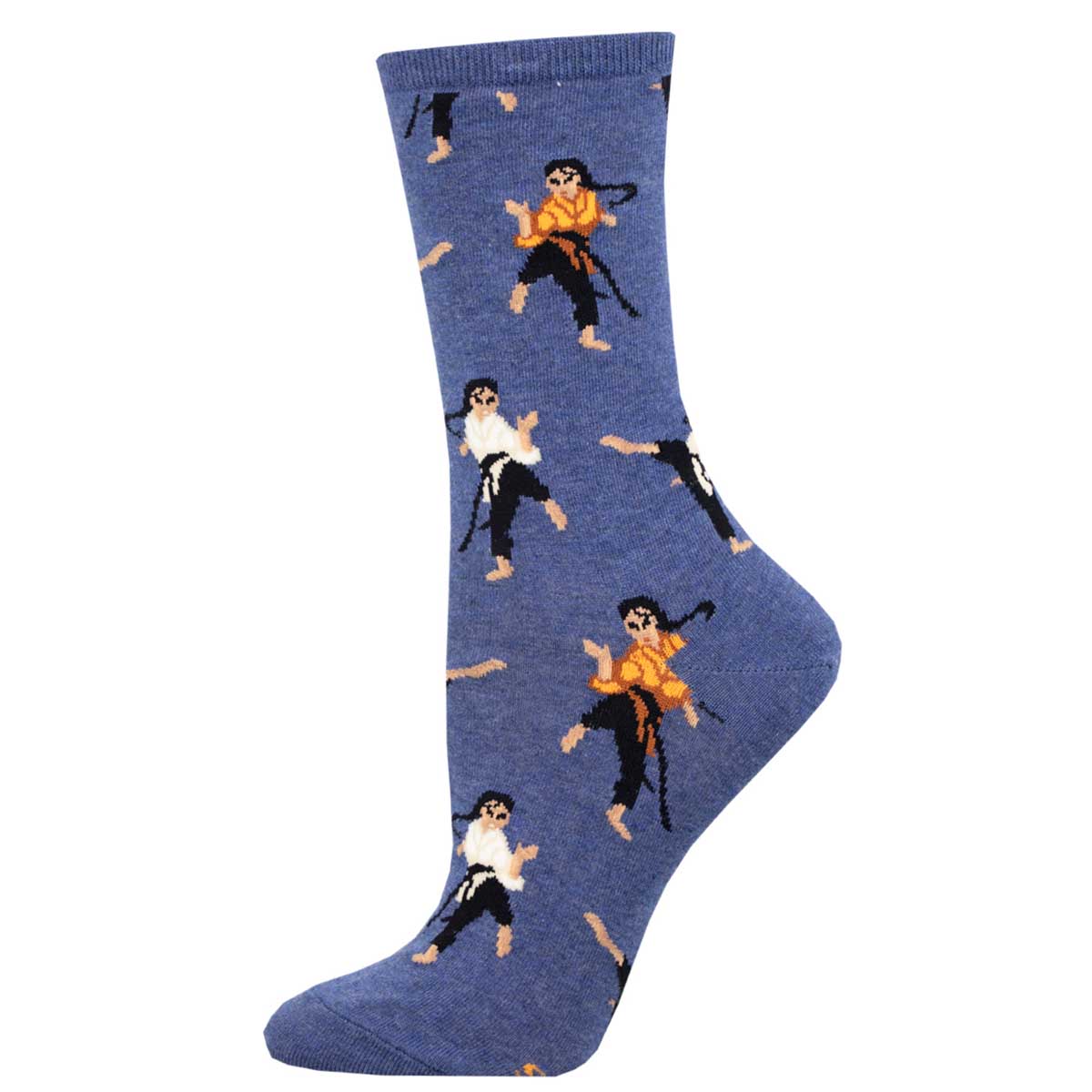A pair of blue cotton crew socks with a pattern of cartoon martial arts characters.