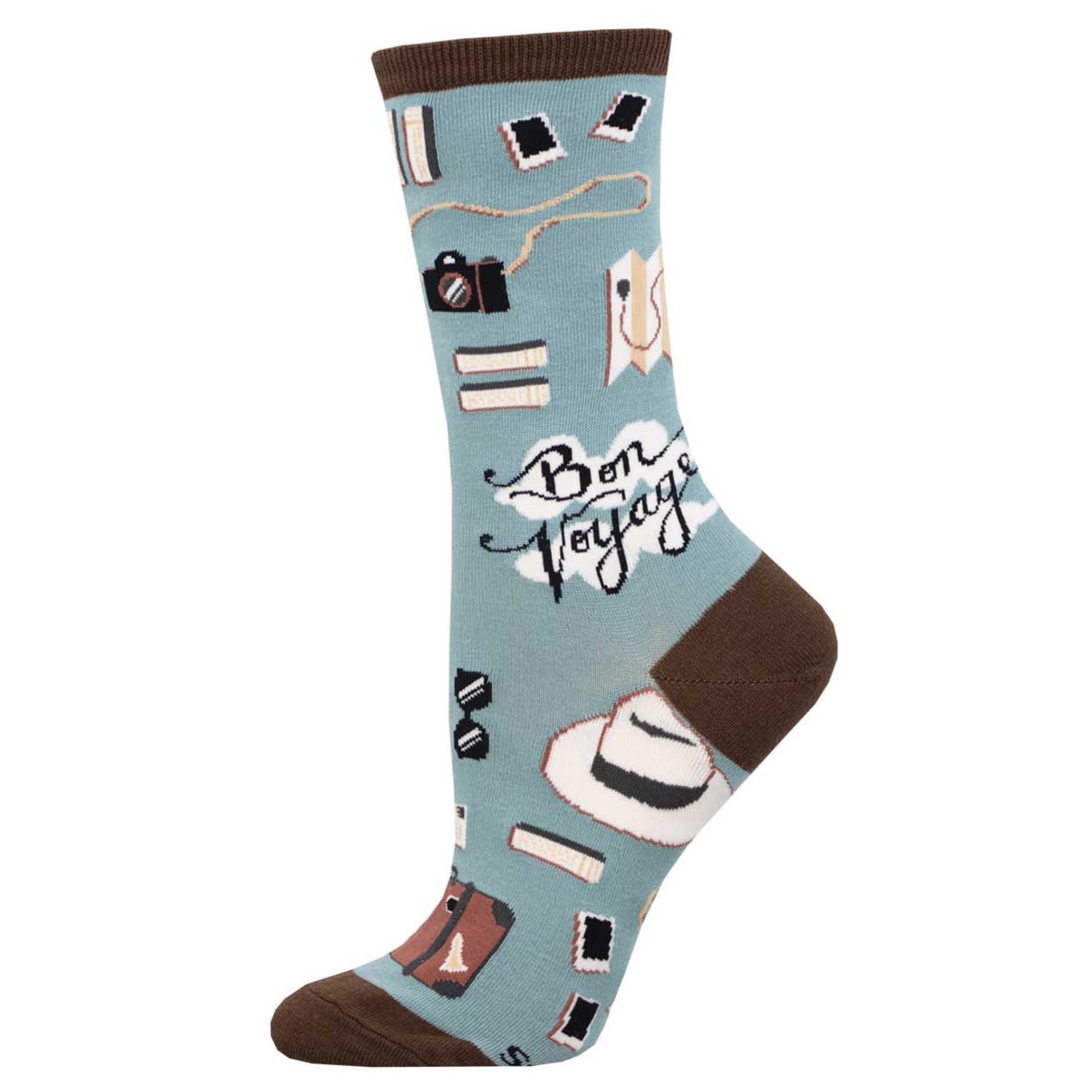 A pair of blue cotton crew socks with travel-themed patterns including a plane, suitcase, and the text 'Bon Voyage'.