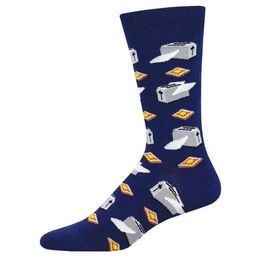 A navy-colored crew sock featuring a pattern of toasted bread slices and toasters.
