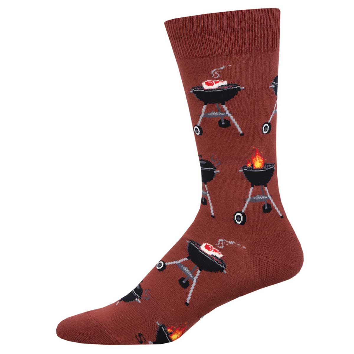 A pair of red brown crew socks with a pattern of barbecues and steaks.