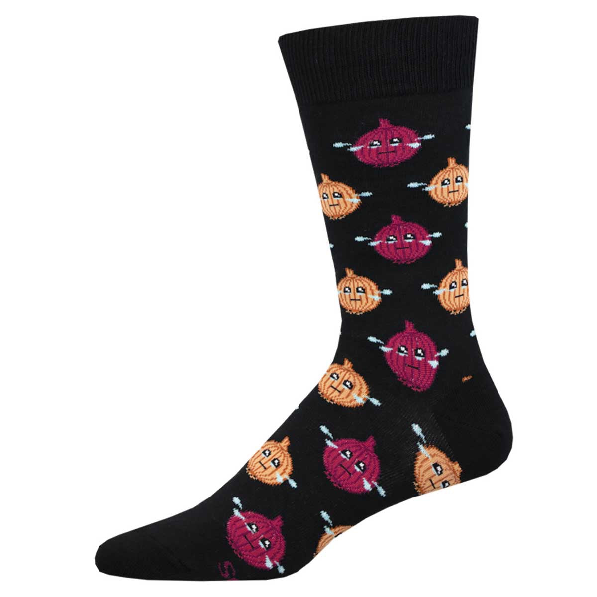 A pair of black crew socks with a pattern of cartoon onion characters expressing tears.