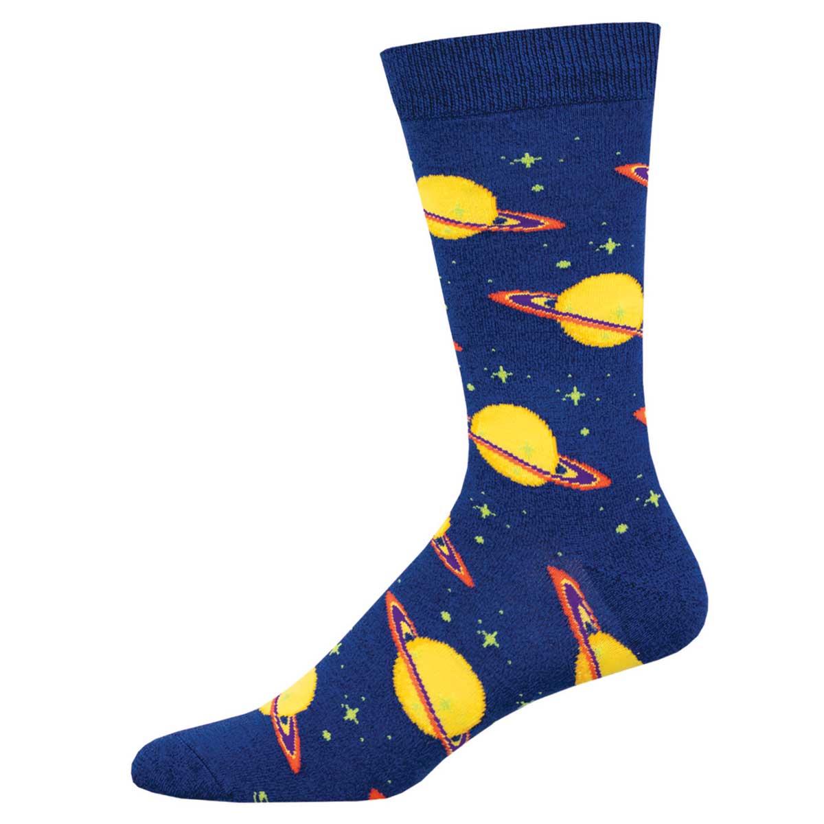 A blue sock with a pattern of planets and stars.