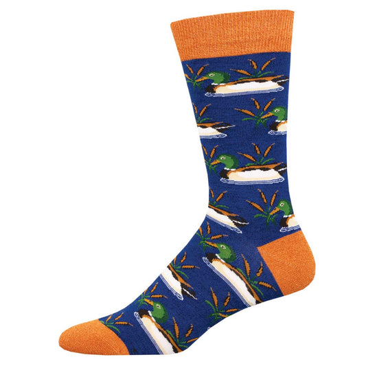 A pair of colorful socks featuring a pattern of mallard ducks with green heads and white collars on a blue background with orange at the top and bottom.