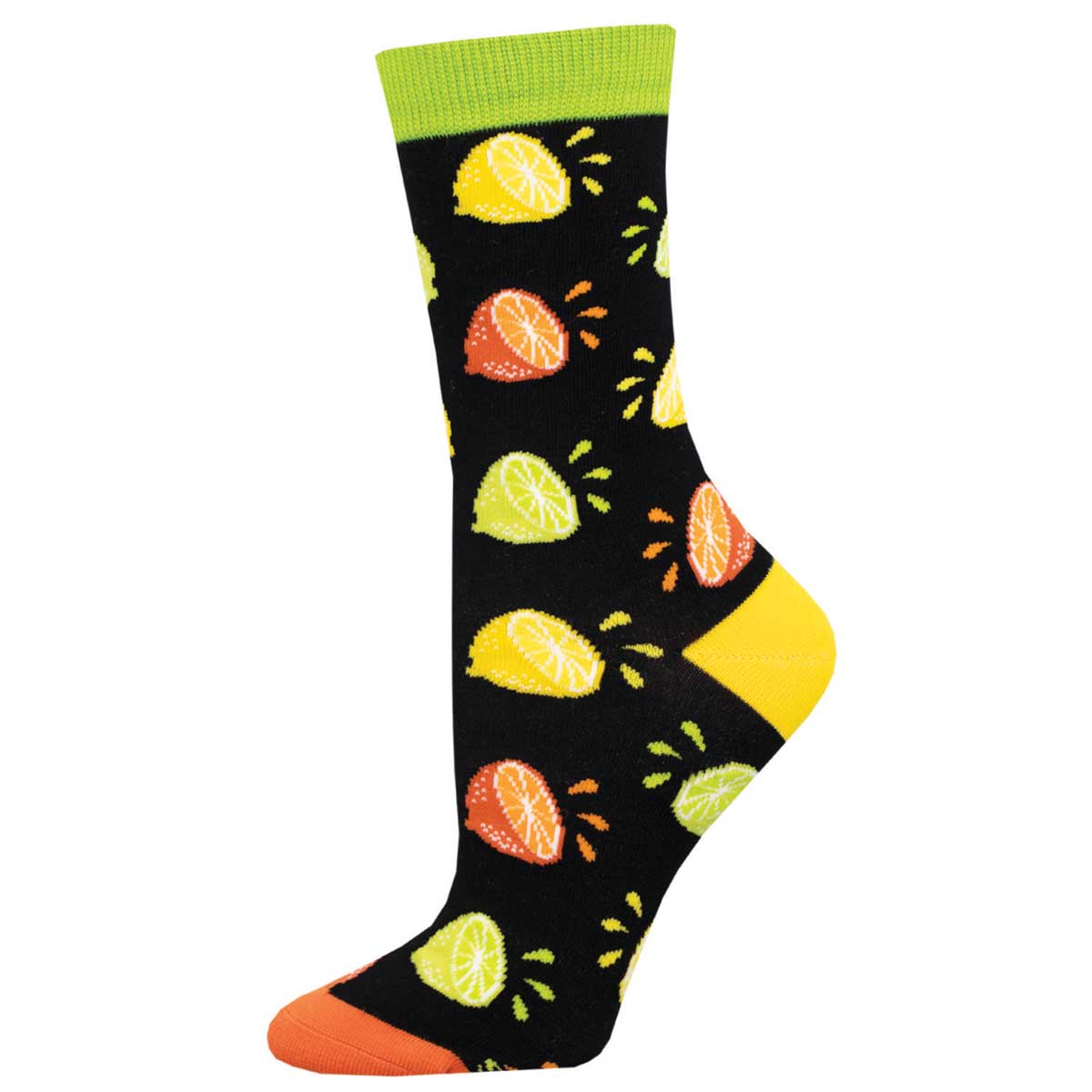 A pair of colorful socks with a pattern of various citrus fruits like oranges, lemons, and limes on a black background with green, yellow, and orange accents.