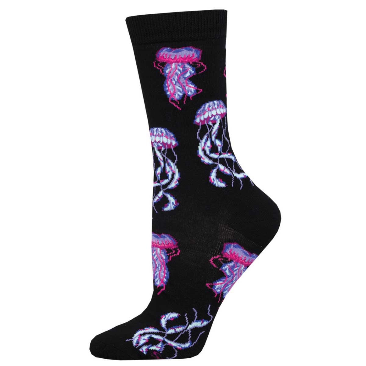 A pair of black crew socks with a pattern of pink and purple jellyfish.