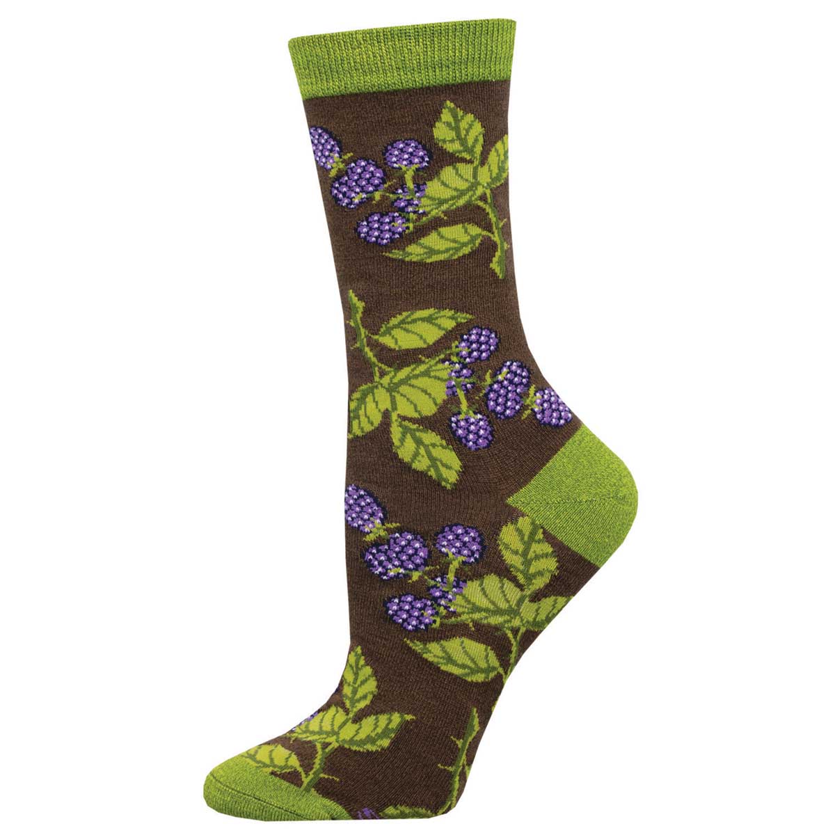 A pair of women's socks with a pattern of blackberries and leaves on a brown background with green accents.
