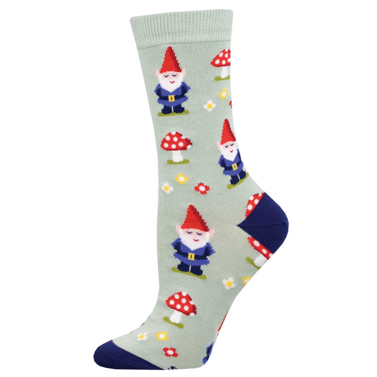 A pair of light green crew socks with a pattern of mushrooms and gnomes in green and red.