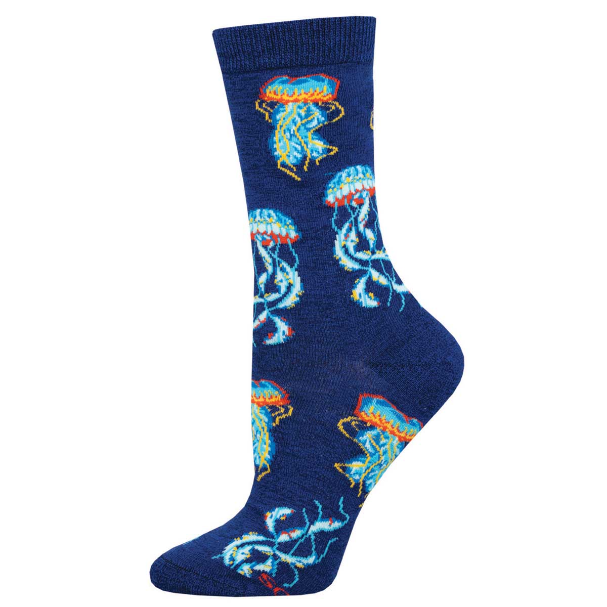 A pair of navy heather crew socks with a pattern of light blue and orange jellyfish.