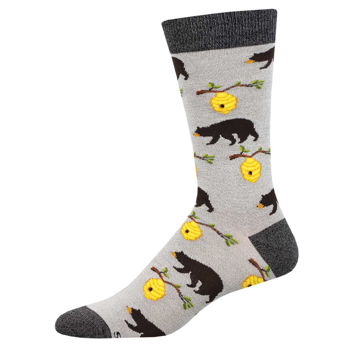 A pair of men's socks with a pattern of bears and bees on a gray background.
