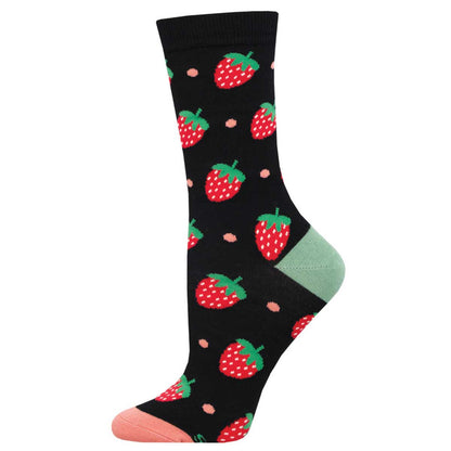 A pair of women's bamboo socks with a pattern of red strawberries with green leaves on a black background.