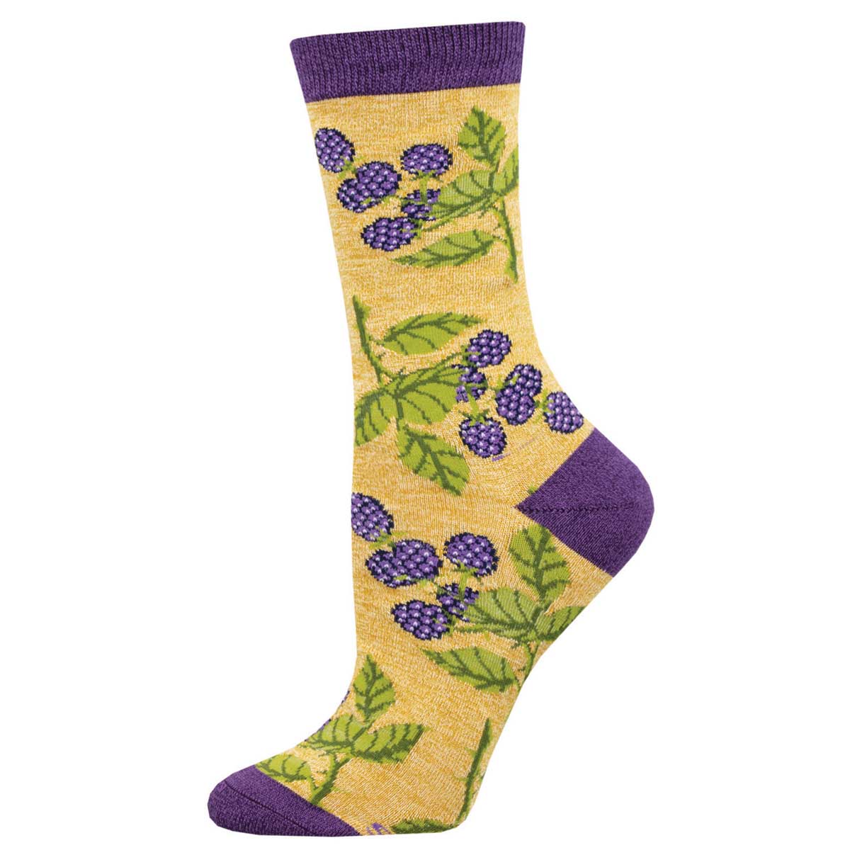 A pair of women's socks with a pattern of blackberries and leaves on a hemp heather background with purple accents.