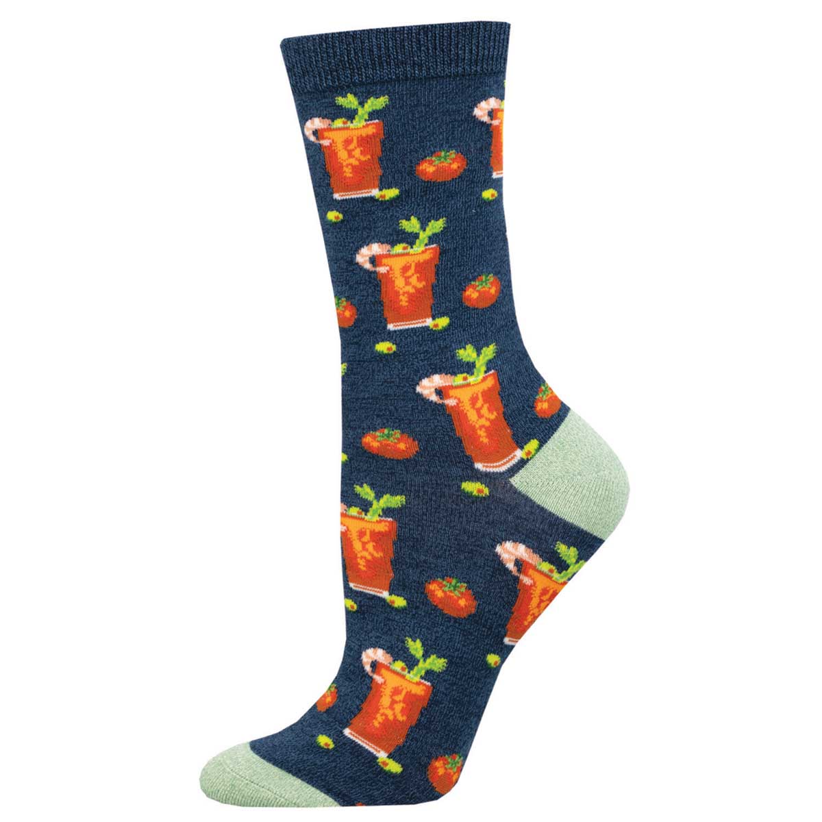 A navy-colored sock with a pattern of bloody mary cocktails, tomatoes, and herbs on the foot area, with a seamless toe design.