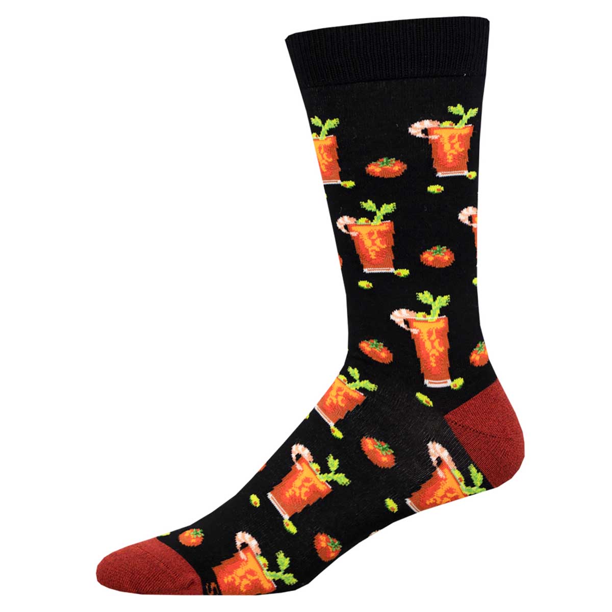 A pair of socks with a pattern of bloody mary cocktails and garnishes on a black background with red at the heel and toe.