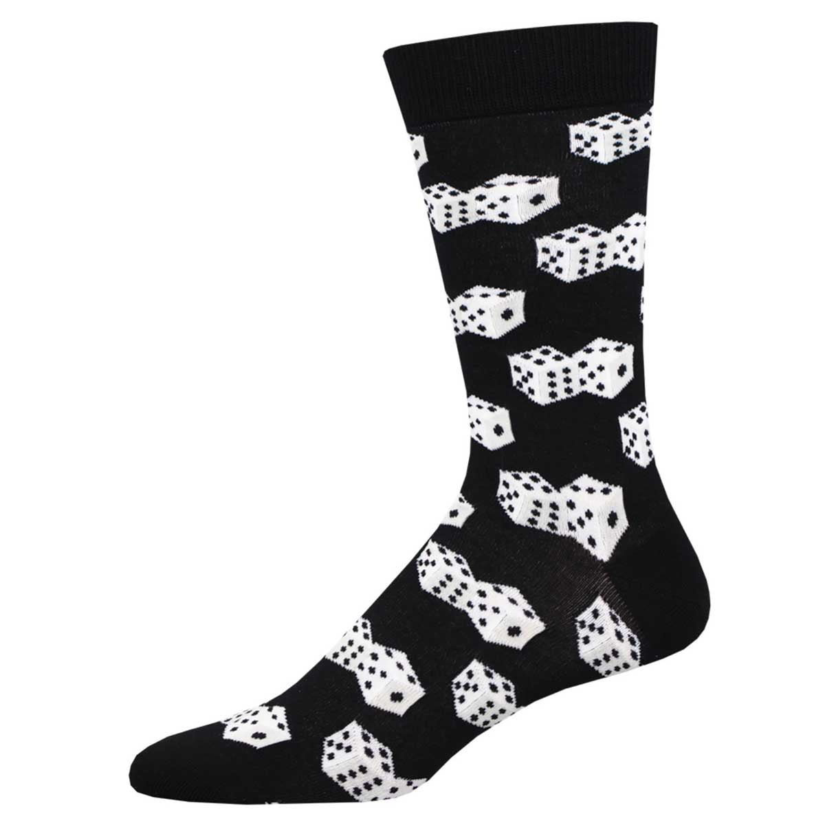 A black sock with a pattern of white dice on it, designed for men.