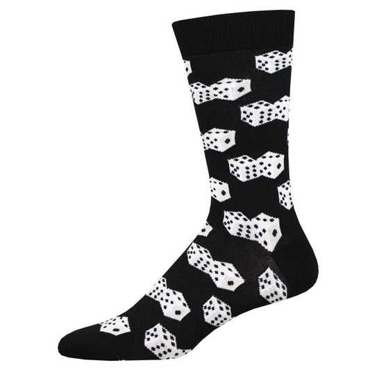 A black sock with a pattern of white dice on it, designed for men.