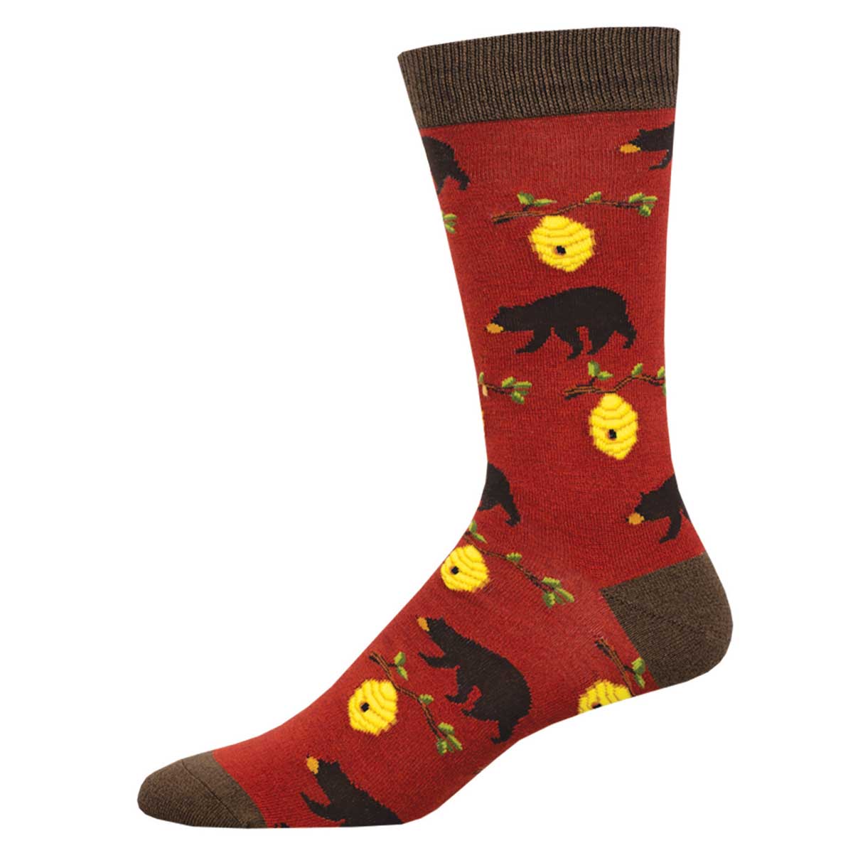 A pair of men's socks with a pattern of bears and bees on a red background.