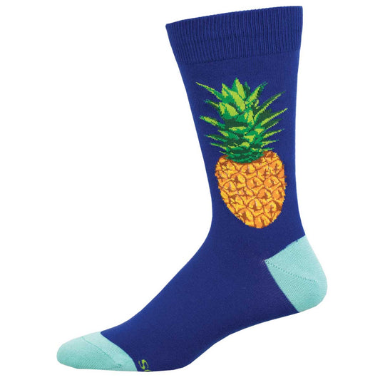 A pair of blue cotton crew socks with a large pineapple design on the top and light blue trim at the heel and toe.